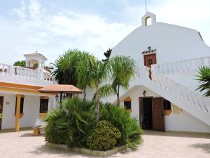羅切的住宿－7 bedrooms villa at Conil de Frontera 900 m away from the beach with private pool enclosed garden and wifi，一座白色的建筑,前面有棕榈树