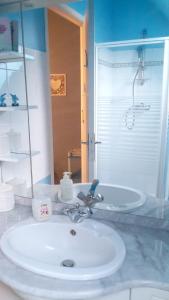 een badkamer met een witte wastafel en een douche bij Maison de 2 chambres a Primelin a 800 m de la plage avec jardin clos et wifi in Primelin