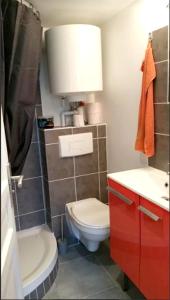 uma casa de banho com um WC branco e um armário vermelho em Studio avec wifi a Saint Ay em Saint-Ay