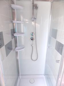 eine Dusche mit Duschkopf und Regalen im Bad in der Unterkunft Maison de 2 chambres avec jardin clos et wifi a Sourdeval in Sourdeval