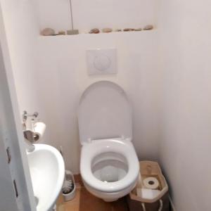 a small bathroom with a toilet and a sink at Maison charmante à Poggio-Mezzana avec vue mer in Poggio-Mezzana