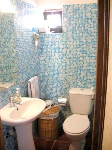 Baño de azulejos azules con aseo y lavamanos en 2 bedrooms house at Albufeira 400 m away from the beach with furnished garden, en Albufeira
