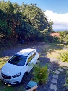 un coche blanco aparcado al lado de una carretera en Appartement d'une chambre avec vue sur la mer piscine partagee et jardin amenage a Saint Joseph, en Saint-Joseph