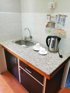 a kitchen counter with a sink and a tea kettle at Modern Studio with Pool in Grand Baie - 40 sqm - A/C. in Grand Baie