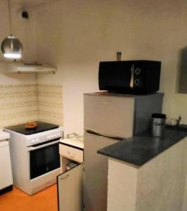 eine kleine Küche mit einem Kühlschrank und einem Herd in der Unterkunft Appartement d'une chambre avec jardin amenage a Amelie les Bains Palalda in Amélie-les-Bains-Palalda