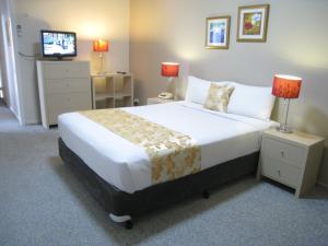 1 dormitorio con 1 cama grande, 2 mesitas de noche y TV en Country Lodge Motor Inn, en Bathurst