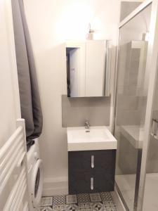 a bathroom with a sink and a mirror at 2 Emplacement Parfait ! 150m de la mer et de la rue Piétonne in Dieppe