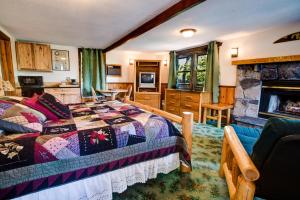 1 dormitorio con 1 cama y chimenea en Wildwood on the Lake, en Lake Placid