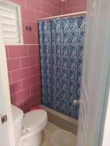 a pink bathroom with a toilet and a shower at Hotel Tipico Maura in Bayahibe