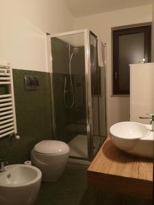 La salle de bains est pourvue de toilettes, d'un lavabo et d'une douche. dans l'établissement Villa Residenza Medea, à Villaggio Mosè