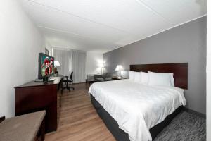 a hotel room with a large bed and a desk at Red Roof PLUS Newark Liberty Airport - Carteret in Carteret