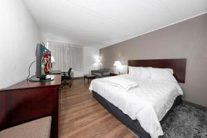 a hotel room with a bed and a desk with a television at Red Roof PLUS Newark Liberty Airport - Carteret in Carteret