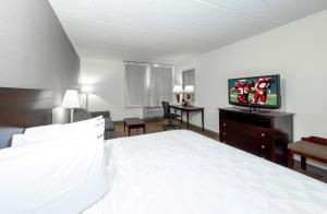 a bedroom with a bed and a flat screen tv at Red Roof PLUS Newark Liberty Airport - Carteret in Carteret