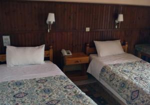 a hotel room with two beds and a telephone at Hotel Bonis in Samos