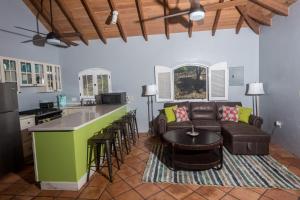 uma cozinha e uma sala de estar com um sofá e uma mesa em Limetree Cottage at Chocolate Hole em Cruz Bay
