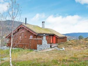 un antiguo granero con techo de hierba en una colina en 11 person holiday home in Edland, en Vågsli