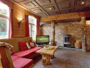 ストゥモンにあるLuxurious villa in Stoumont with saunaのリビングルーム(赤いソファ、暖炉付)