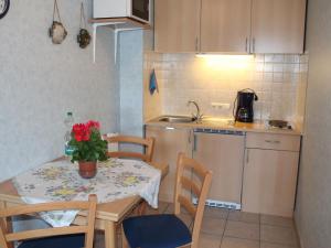 レリクにあるBeautiful Apartment with Garden in Rerikの小さなキッチン(テーブル、椅子、テーブル、テーブル付)
