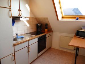 een kleine keuken met een wastafel en een fornuis bij Cozy Apartment located in Rovershagen with Garden in Rövershagen