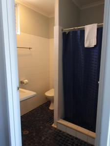 a bathroom with a toilet and a shower curtain at Kooyong Hotel in Mackay