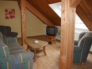 a living room with two chairs and a tv at Combined flat on a farm in Kellerwald in Bad Wildungen