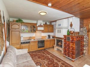 a kitchen with wooden cabinets and a couch and a fireplace at Holiday home near the ski area in Kurort Steinbach-Hallenberg