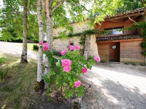 Saint-Caprais-de-LermにあるRustic Castle in Bon-Encontre with Terraceの建物前のピンクの花の茂み