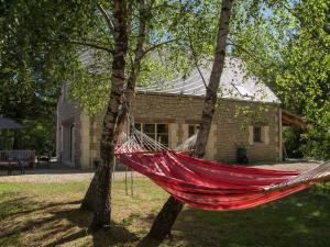 a red hammock hanging from two trees in front of a house at Modern and comfortable home with swimming pool in Dezéjoul