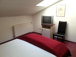 a bedroom with a bed and a tv and a chair at Pensiunea Pura Vida in Timişoara