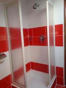 a shower stall with red and white tile at Pensiunea Pura Vida in Timişoara