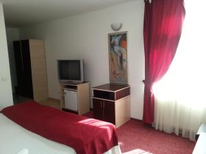 1 dormitorio con cama, TV y cortina en Pensiunea Pura Vida, en Timisoara