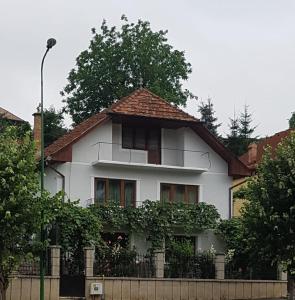 a white house with a fence in front of it at Madalina in Braşov