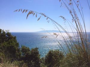 una vista sull'oceano da dietro un prato di Belvilla by OYO Comfy Holiday Home with Garden a Monte Argentario