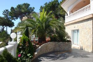 a house with a palm tree and a stone wall at Villa Talia in Lloret de Mar