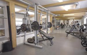 un gimnasio con varias filas de cintas de correr y máquinas en Hotel Tingsryd, en Tingsryd