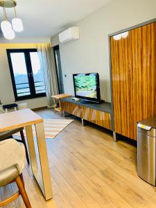 sala de estar con TV de pantalla plana y mesa en LIDO de Plovdiv Apartments en Plovdiv