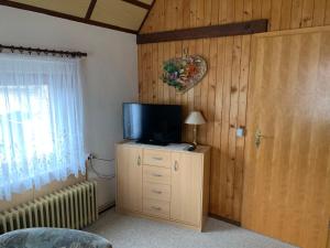 a room with a tv on a dresser with a window at Ferienwohnungen Rießling in Elend