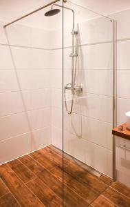 維也納的住宿－Modern Apartment Wiener Stadthalle，浴室里设有玻璃门淋浴