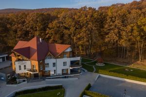 an aerial view of a house with a swimming pool at Panorama Boutique Hotel in Sfântu-Gheorghe