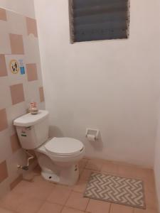 a bathroom with a toilet with a window and a rug at Thelmar Rooms Cancun in Cancún