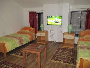 1 dormitorio con 2 camas y TV en la pared en Studio Brnat, en Kobarid