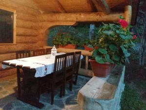 un tavolo e delle sedie con una pianta in vaso in una cabina di Cabanele Silvania a Borsa