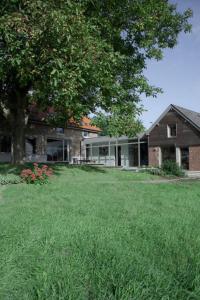 un gran patio con una casa y un árbol en Wolfshaegen 180 en Huldenberg