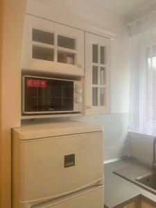 a microwave on top of a refrigerator in a kitchen at Hévíz Lake Apartman in Hévíz