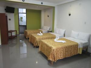 Hotel Plaza Bolognesi 344 في تروخيو: غرفه فندقيه ثلاث اسره عليها بجعه