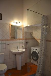 een badkamer met een wastafel en een wasmachine bij Garden in the City in Silves