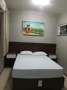 1 cama en un dormitorio con una pintura en la pared en Abolição Praia Hotel, en Fortaleza