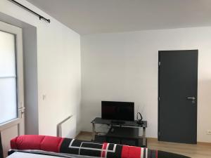 a living room with a black door and a television at Appartement centre ville in Dole