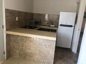 a kitchen with a white refrigerator and a sink at marina diamante iris in Acapulco