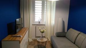 a living room with a couch and a window at Apartament u Gosi! in Giżycko